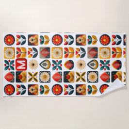 Folk Floral Summer Vibes - Personalized Monogram ビーチタオル