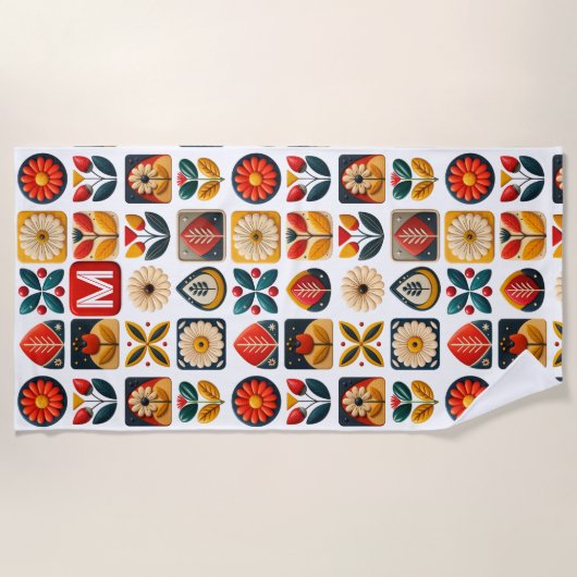 Folk Floral Summer Vibes - Personalized Monogram ビーチタオル (正面)