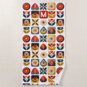 Folk Floral Summer Vibes - Personalized Monogram ビーチタオル (正面)