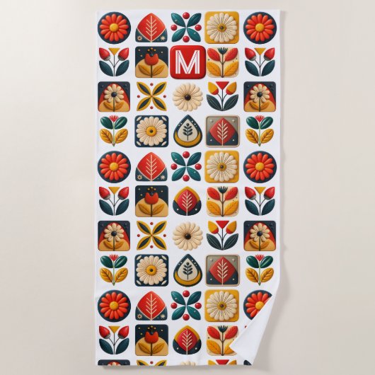 Folk Floral Summer Vibes - Personalized Monogram ビーチタオル (正面)