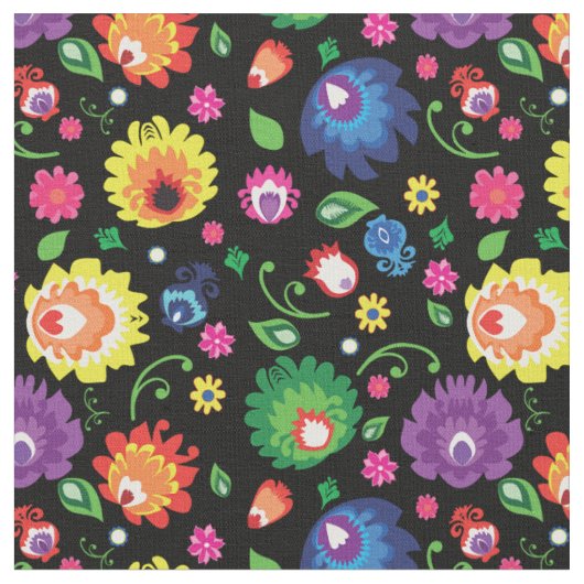 Folk Flowers - 黒地の花畑 ファブリック (クローズアップ)