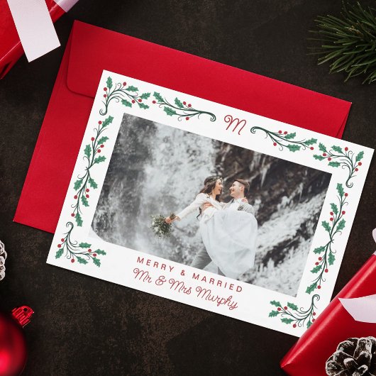 Folk Holly Frame Merry & Married Christmas Photo シーズンカード
