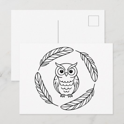 Folk Owl Line Art Surrounded by Feathers ポストカード (正面/裏面)