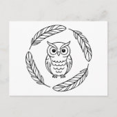 Folk Owl Line Art Surrounded by Feathers ポストカード (正面)
