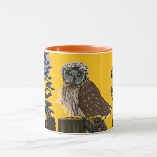 Folk owl on tree stump マグカップ (中央)