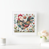 Folk Patchwork Rooster with Floral Accents スクエア壁時計 (ホーム)