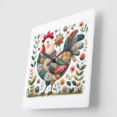 Folk Patchwork Rooster with Floral Accents スクエア壁時計 (傾斜)