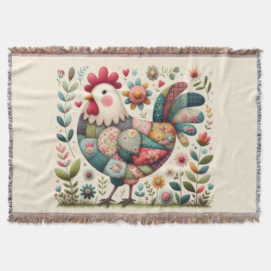 Folk Patchwork Rooster with Floral Accents スローブランケット (正面)