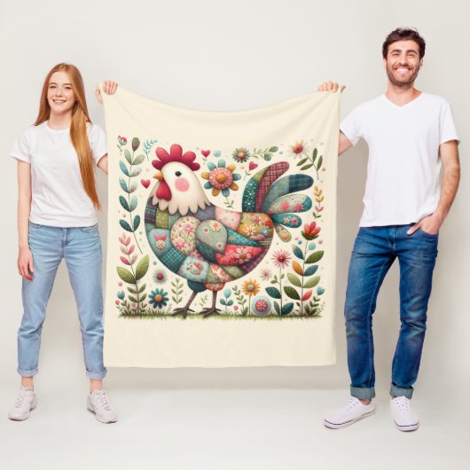 Folk Patchwork Rooster with Floral Accents フリースブランケット (インサイチュ)