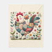 Folk Patchwork Rooster with Floral Accents フリースブランケット (正面)