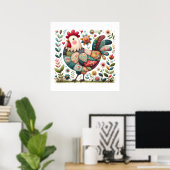 Folk Patchwork Rooster with Floral Accents ポスター (ホームオフィス)