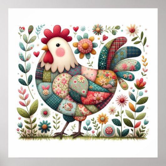 Folk Patchwork Rooster with Floral Accents ポスター (正面)
