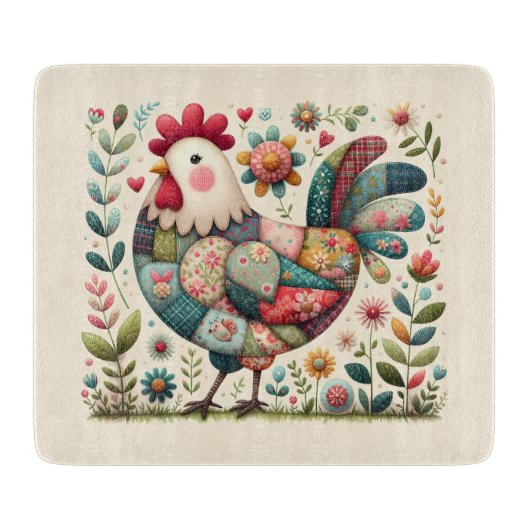 Folk Patchwork Rooster with Floral Accents Cutting カッティングボード (正面)