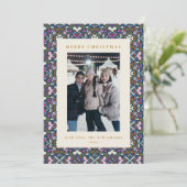 Folk Pattern Border Colorful Christmas Photo Blue シーズンカード (スタンド正面)