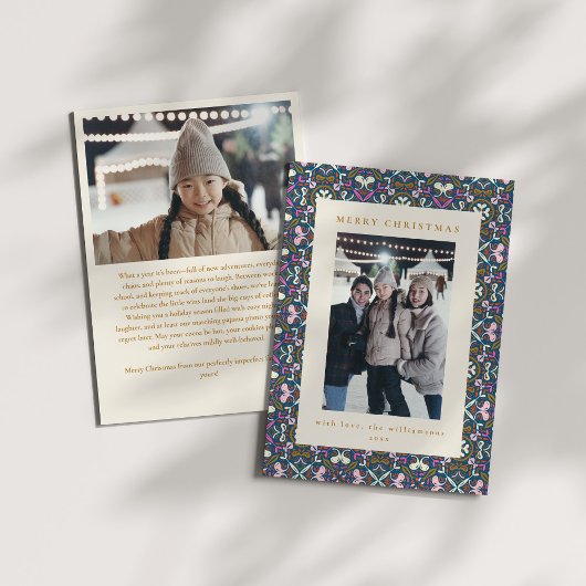 Folk Pattern Border Colorful Christmas Photo Blue シーズンカード