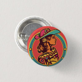 Folkloric Cowgirl Button Pin – Retro Profile Desig 缶バッジ