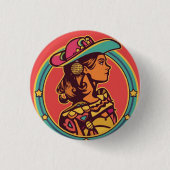 Folkloric Cowgirl Button Pin – Retro Profile Desig 缶バッジ (正面)