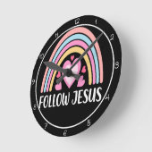 Follow Jesus Rainbow With Hearts Graphic ラウンド壁時計 (傾斜)