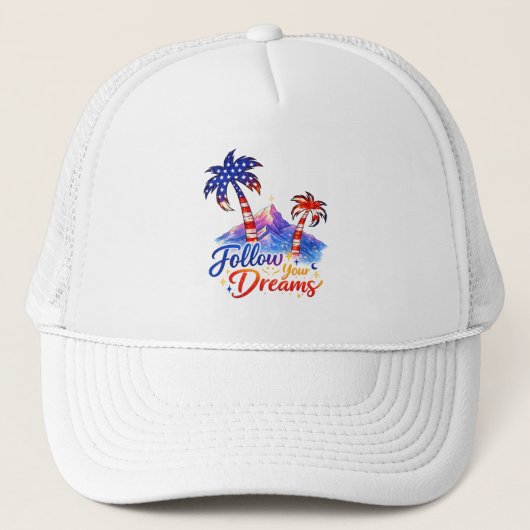 Follow Your Dreams Patriotic Palm Tree Trucker Hat キャップ (正面)