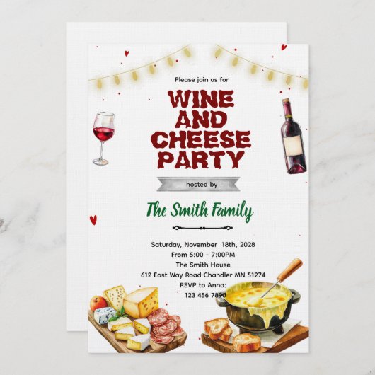 Fondue cheese wine party invitation 招待状 (正面/裏面)