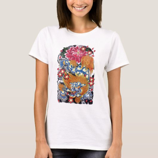 Foo & 桜 和彫り タトゥーデザイン tシャツ (正面)