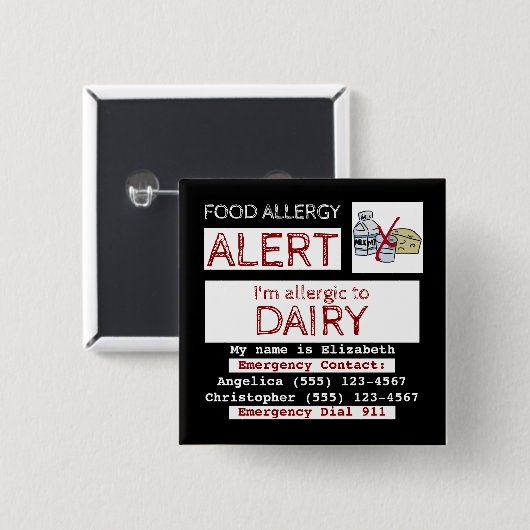 Food Allergy Alert Easy Edit Label Square 缶バッジ (正面&裏面)