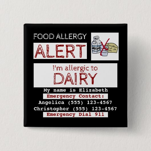 Food Allergy Alert Easy Edit Label Square 缶バッジ (正面)