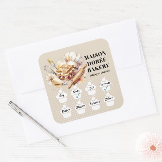 Food Safety Allergy Alert Bakery Pastry Chef Gold スクエアシール (封筒)