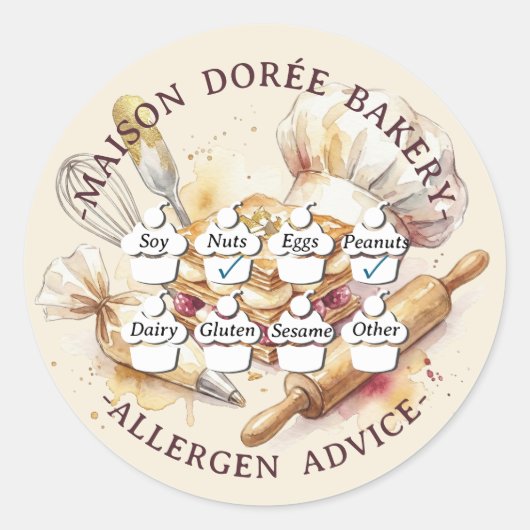 Food Safety Allergy Alert Bakery Pastry Chef Gold ラウンドシール (正面)