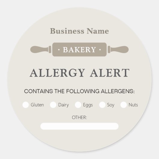 Food Safety Allergy Alert Bakery Rolling Pin ラウンドシール (正面)