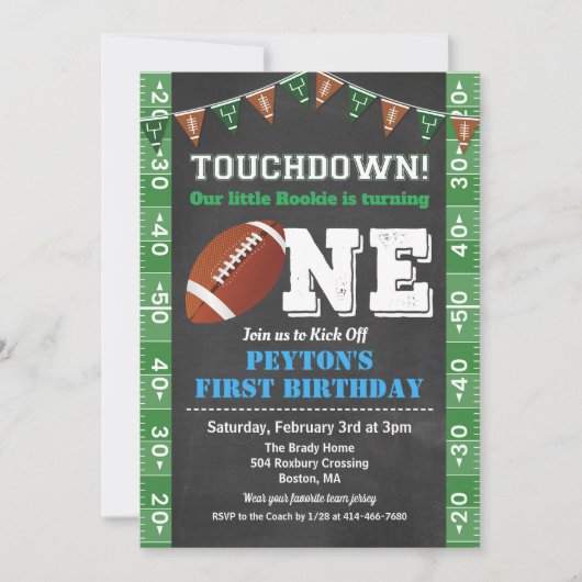 Football 1st First Birthday Chalkboard Invitation 招待状 (正面)