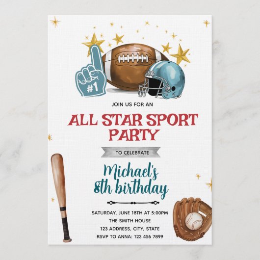 Football and baseball party Invitation 招待状 (正面)