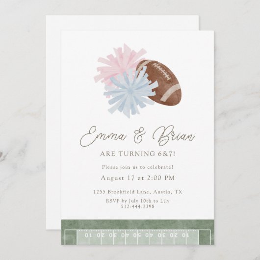 Football and Cheer Siblings Joint Birthday 招待状 (正面/裏面)