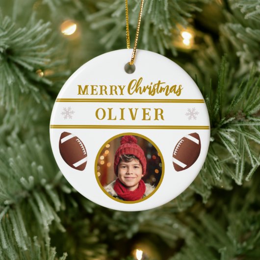 Football Ball Custom Name Merry Christmas Photo セラミックオーナメント (ツリー)