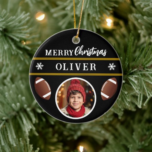 Football Ball Custom Name Merry Christmas Photo セラミックオーナメント (ツリー)