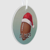 Football Ball with Red Santa Hat Name Christmas オーナメント (正面)
