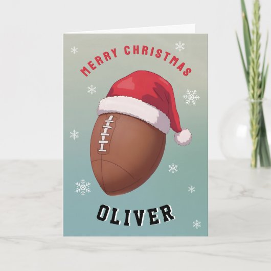 Football Ball with Red Santa Hat Name Christmas シーズンカード (正面)