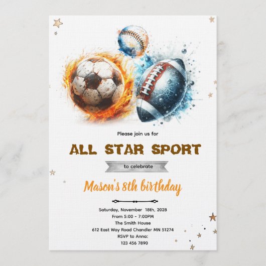 Football baseball and soccer party Invitation 招待状 (正面)
