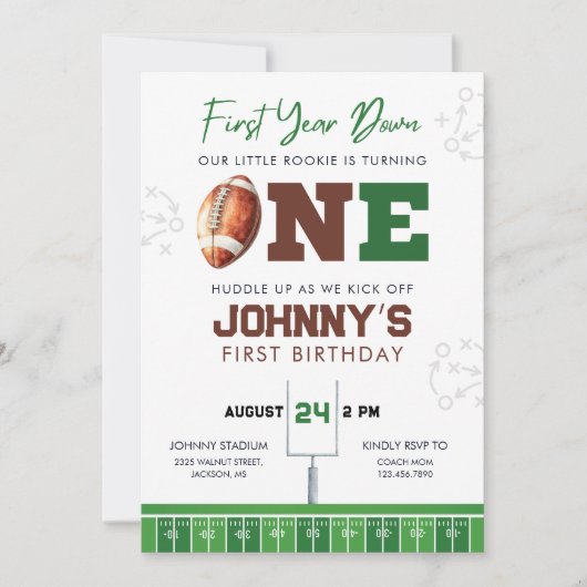 Football First Year Down 1st Birthday Invitation 招待状 (正面)