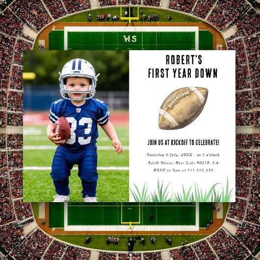 Football First Year Down 1st Birthday Party 招待状
