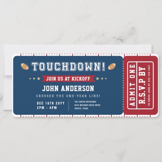 Football First Year Touchdown Birthday Ticket 招待状 (正面)