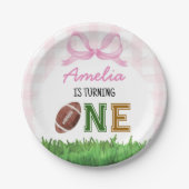 Football Girl First Year Down Birthday Pink Bow ペーパープレート (正面)