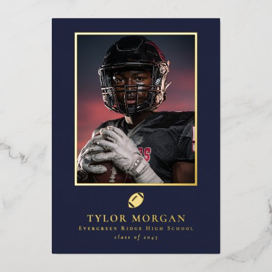 Football Graduation Photo Blue Grad Announcement 箔招待状 (正面)