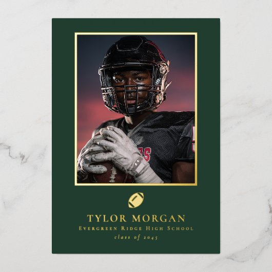 Football Graduation Photo Green Grad Announcement 箔招待状 (正面)