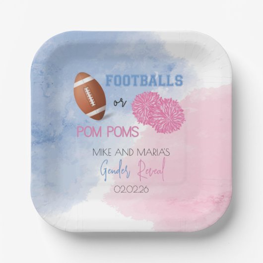 Football or Pom Poms gender reveal plates ペーパープレート (正面)