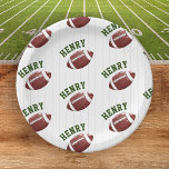 Football Pattern First Year Down 1st birthday ペーパープレート<br><div class="desc">Elevate your 'First Year Down' 1st birthday extravaganza with our Personalized Football-Themed Paper Plates. These plates are more than just tableware – they're a celebration essential that seamlessly combines personalization and thematic perfection. Imagine the delight as your guests lay eyes on these plates, adorned with a playful pattern of footballs...</div>