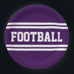 FOOTBALL Sporty Bold Purple White Racing Stripes ペーパープレート<br><div class="desc">This sporty design features bold athletic FOOTBALL text inside wide twin horizontal white racing stripes against deep purple background.</div>