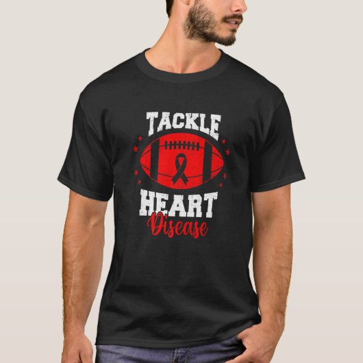 Football Tackle Heart Disease Retro Awareness Red  Tシャツ (正面)