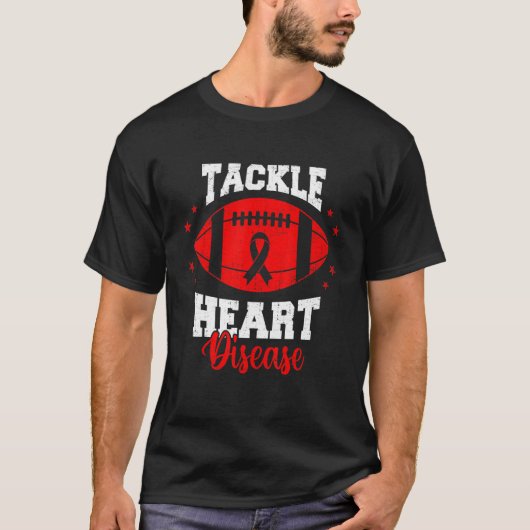 Football Tackle Heart Disease Retro Awareness Red  Tシャツ (正面)