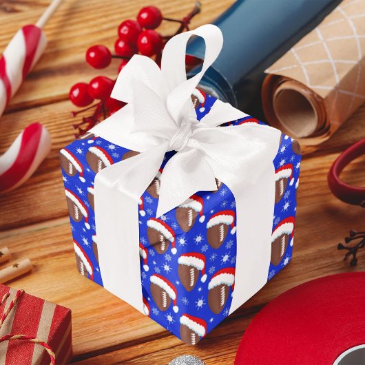 Footballs Santa's Hat & Snowflakes Blue ラッピングペーパー